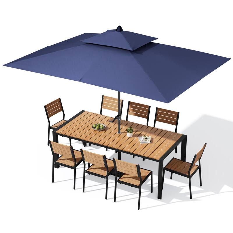 9/11-Piece Outdoor Dining Set w/10 ft Umbrella and Base Aluminum Dining Table and Stackable Chairs