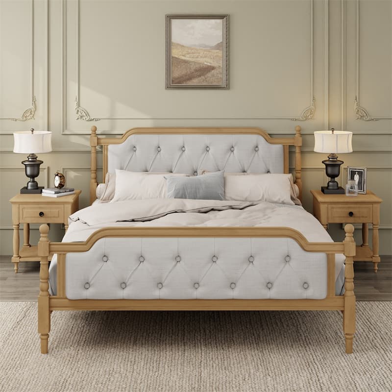 Traditional Style Solid Wood Bed Frame w/Upholstered Tufted Headboard - Walnut
