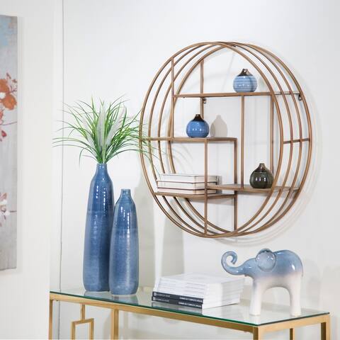 Round 31.5" Wood , Metal Wallshelf, Bronze 31.5"H - 31.5" x 7.25" x 31.5"