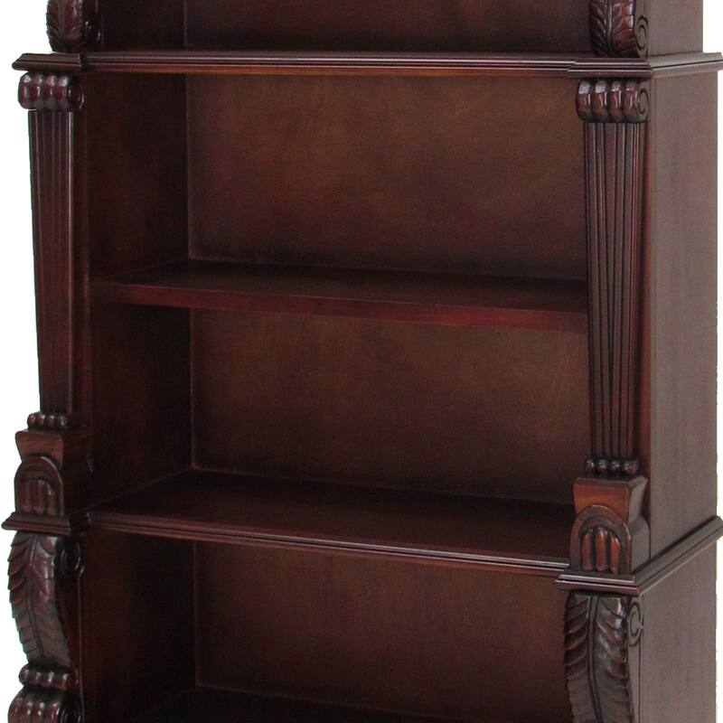 63 Inch Hand Carved Wooden Bookcase with 4 Shelves, Brown