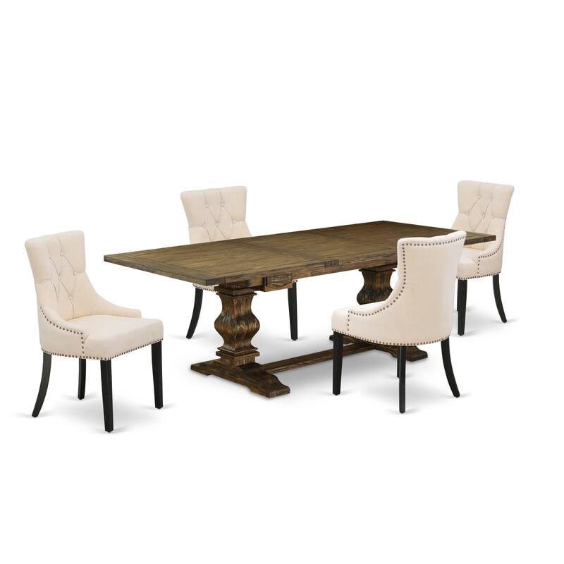 East West Furniture Dining Room Set- a Wooden Table and Light Beige Linen Fabric Dining Chairs, (Pieces & Finish Options)