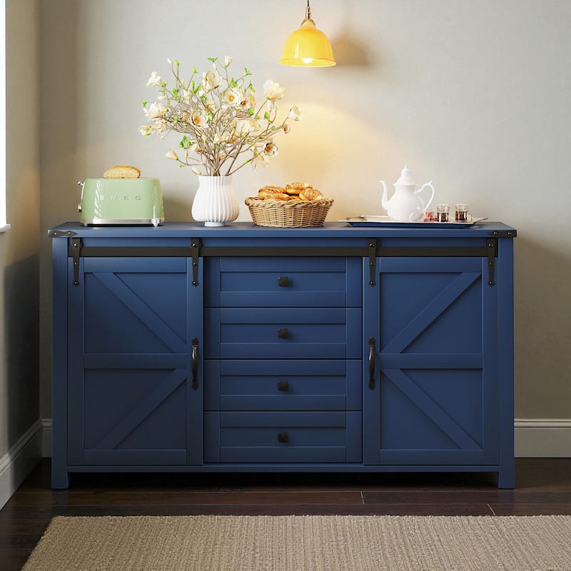 55.1-Inch Farmhouse Sideboard Buffet with Sliding Barn Doors, 4 Drawers & Power Outlet, Wood Storage Cabinet - Navy Blue