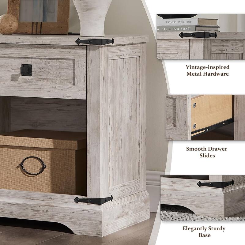 Farmhouse Nightstand with Charging Station，Beside Table for Bedroom
