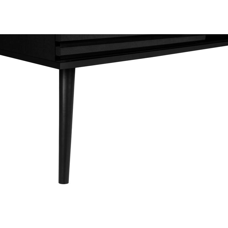 72-Inch TV Stand, Black Laminate, Solid Wood Legs, Media Console with Sliding Doors & Storage Shelves for Living Room