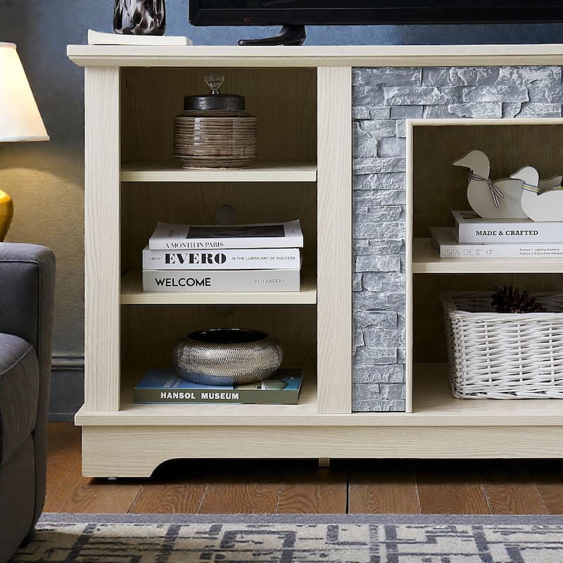 58 Inch Mantel Stone TV Stand for TVs up to 65 Inch, Media Console with Faux Stacked Stone Surround and Open Storage