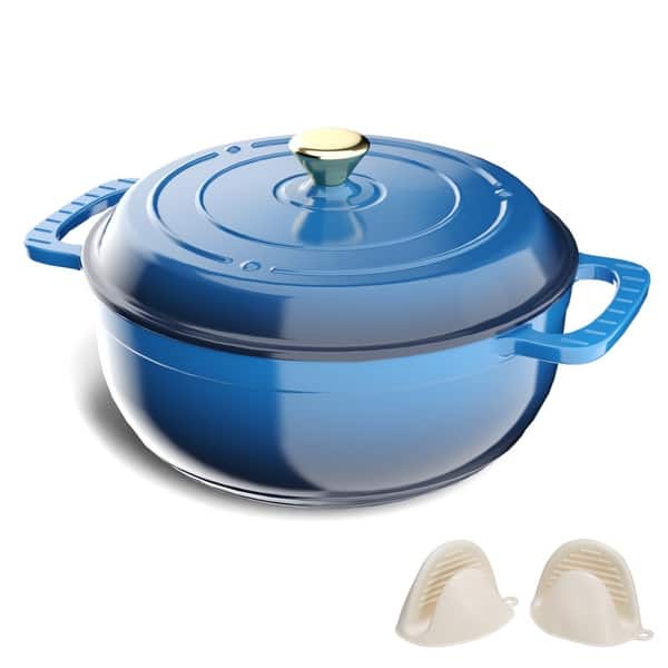 slide 1 of 1, 6 QT. Enameled Cast Iron Round Dutch Oven in Red with Lid Blue