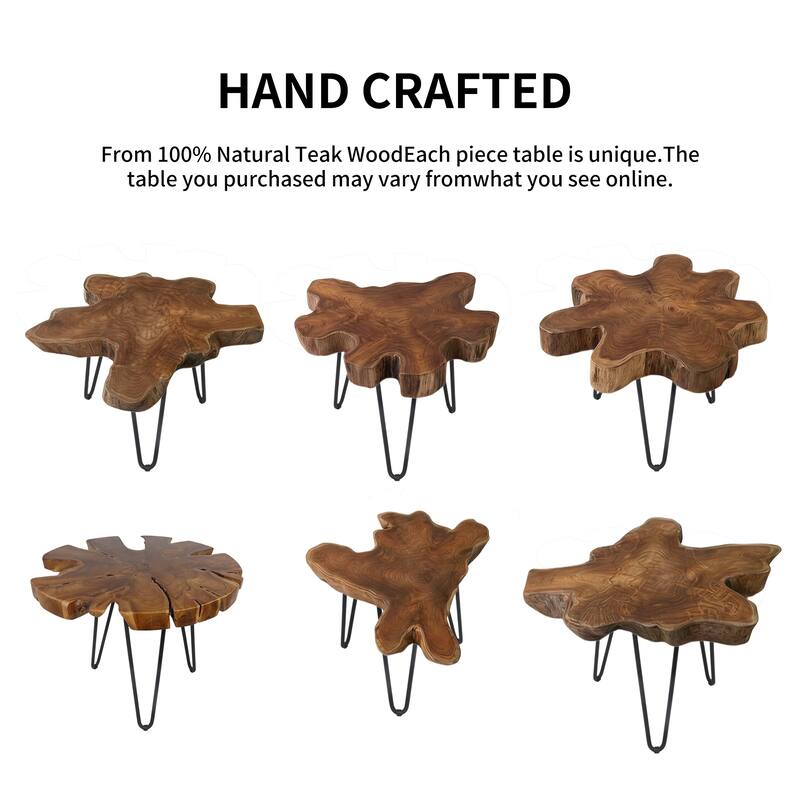 Handcrafted Live Edge Teak Wood Irregular End Table With Iron Legs