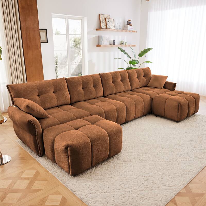 4-Seater U-Shaped Modular Sofa with 2 Ottomans & Pillows - Burnt Orange