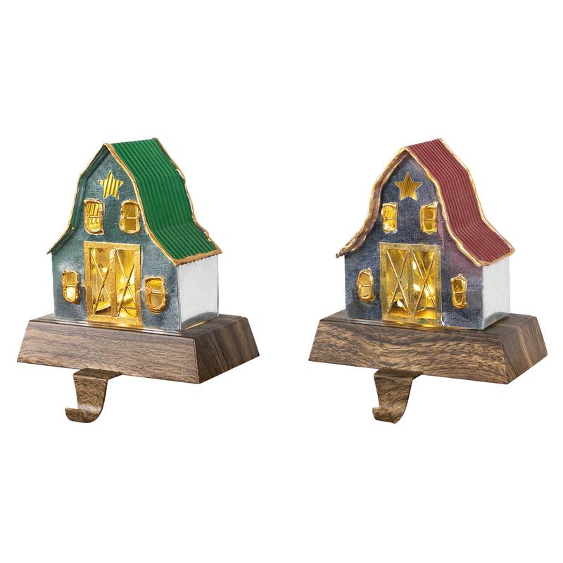 Set of 2 LED Lighted Galvanized Barn Christmas Stocking Holders 5.5"