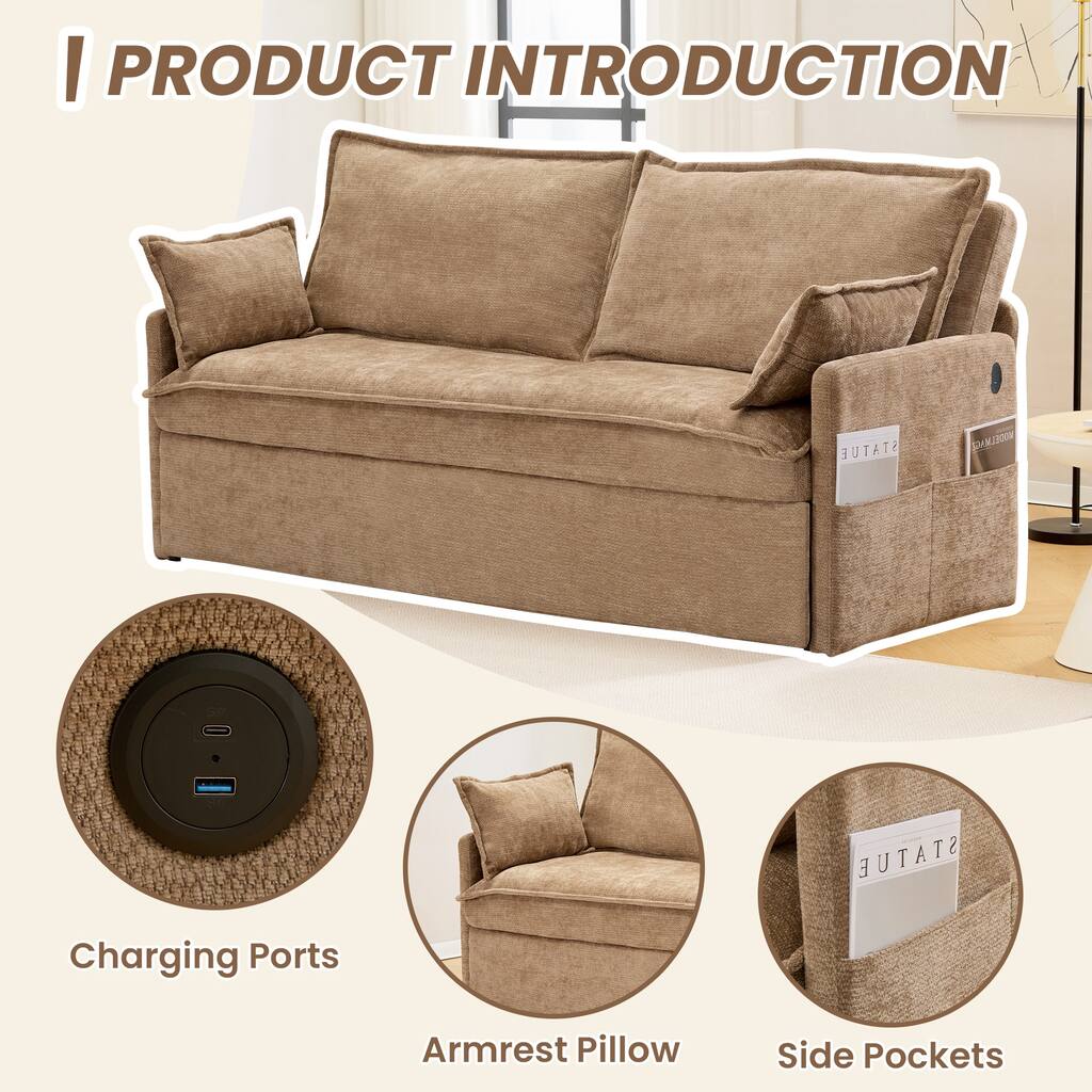 2-in-1 Convertible Sofa Bed, Chenille Pull Out Sleeper Couch, Futon Loveseat with Storage Pocket & USB/Type-C Ports