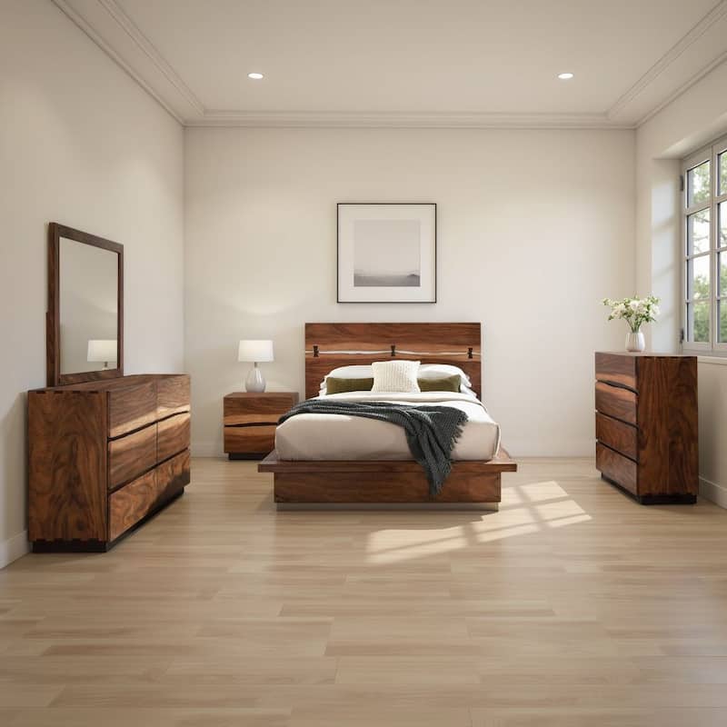 Zeko 5pc Queen Bedroom Set, Plinth Base, Live Edge, Smoky Walnut Brown