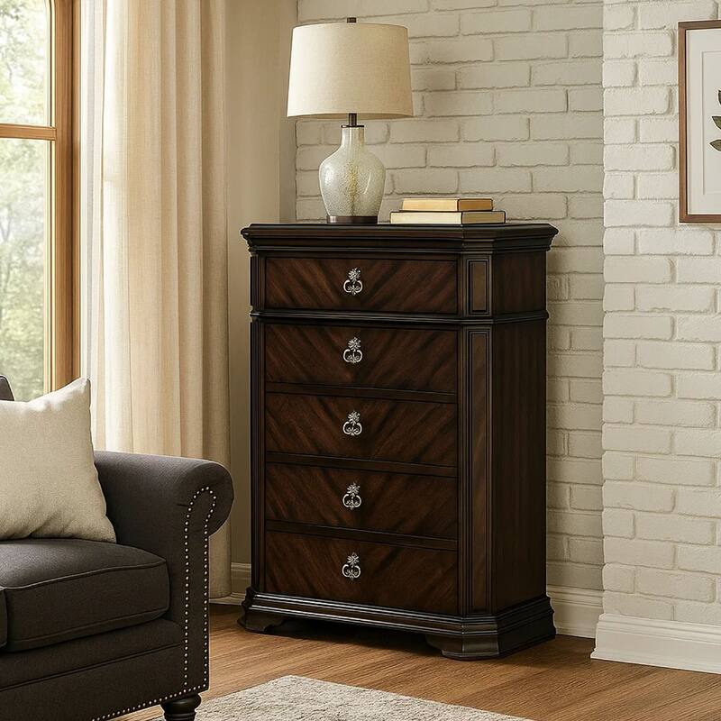 Five Drawer Solid Wood Chest with Clipped Corner, Espresso Brown