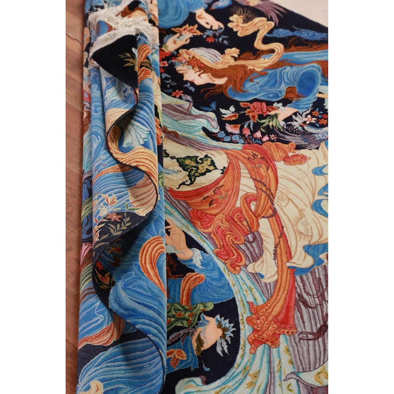 Hand Knotted Oriental Kork Wool Carpet Traditional All-Over Navy Blue & Blues Tabriz Area Rug - 6' 11'' X 4' 9''