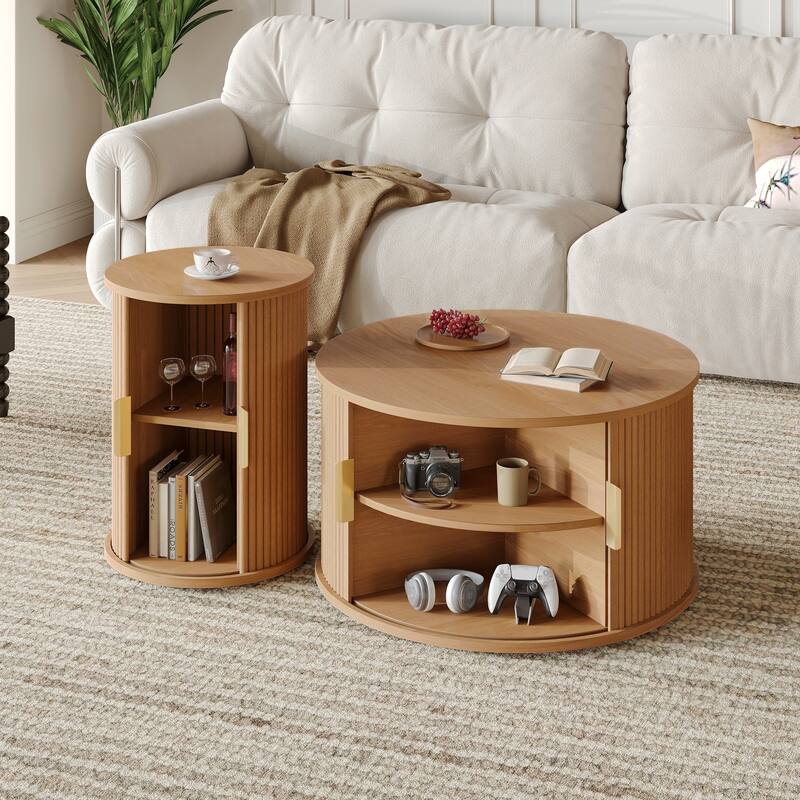 Nesting Coffee Table Set of 2, Modern Storage Coffee Table, Round Tea Table and End Table Set with Sliding Tambour Door - Natural