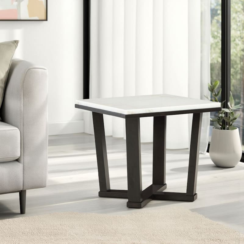 Fana Side End Table, White Marble Top, 24 Inch Square, Espresso Brown