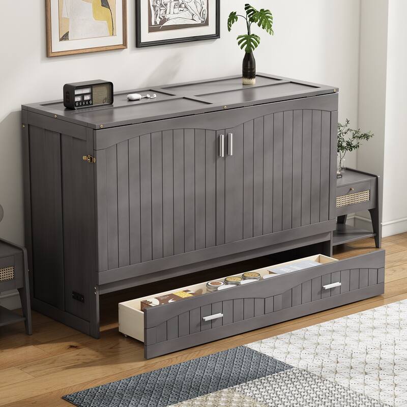 Solid Pine Queen Murphy Bed with Storage Drawer and USB Charging Station
