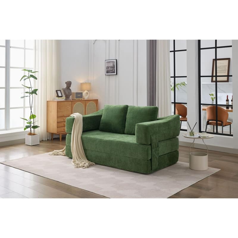Fold-Out Sofa Bed Convertible Chair Floor Couch and Sleeping Mattress with Removable Backrest - Green