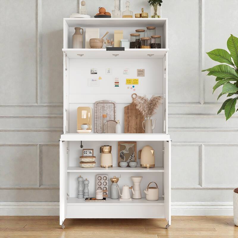 Compact Kitchen Pantry Cabinet with Hutch, Foldable Workstation, Power Outlet, 69 Inch Buffet Storage