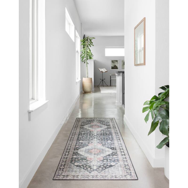 Alexander Home Leanne Vintage Boho Oriental Printed Area Rug - 2'-6" x 12' Runner - Charcoal / Multi
