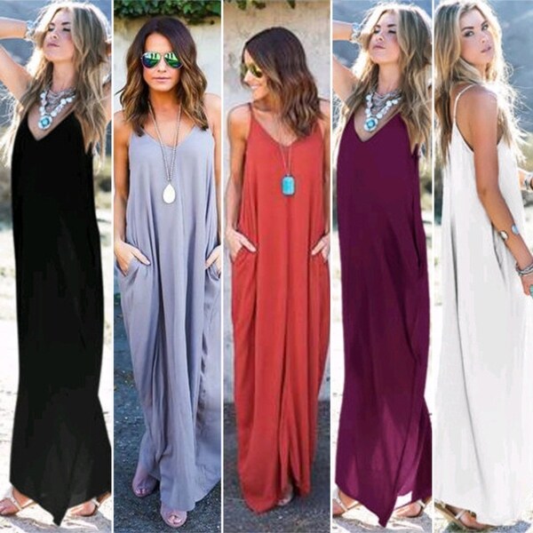 Women Fashion Hot Loose Long Harness Dress Pockets Evening Party Maxi Dress