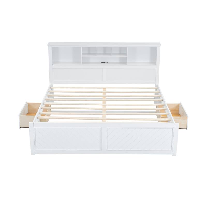 King Size Solid Wood Platform Bed Frame with Storage Headboard, Drawer