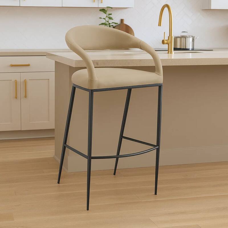 Monie Bar-Height Stool Chair, Curved Floating Back, Beige Faux Leather