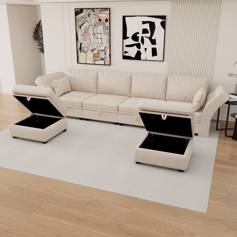 6-Seat U-Shaped Modular Reversible Sectional Sofa with Storage Ottoman