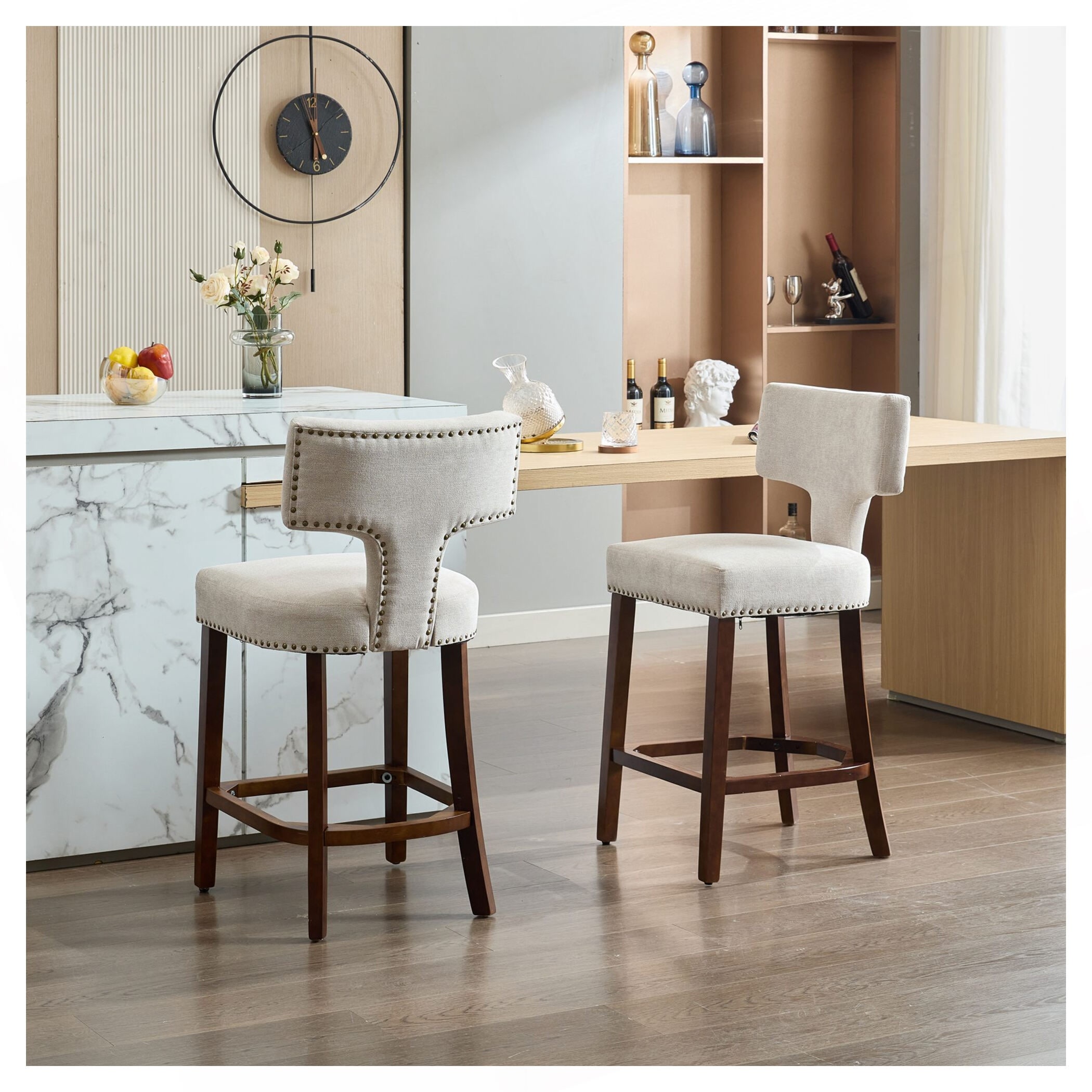 Farmhouse Counter Height Bar Stools Set of 2,with Curved Backrest and Copper Nails