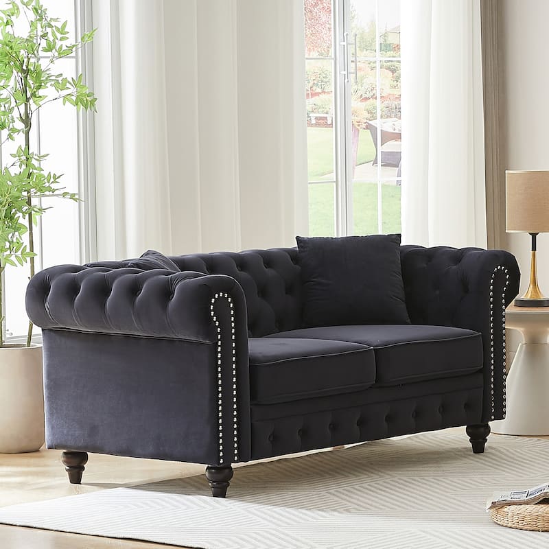 63.5"Sectional Sofa, Button Tufted With Nail Design Arms With 2 Pillows, Upholstered Fabric And Wood Legs