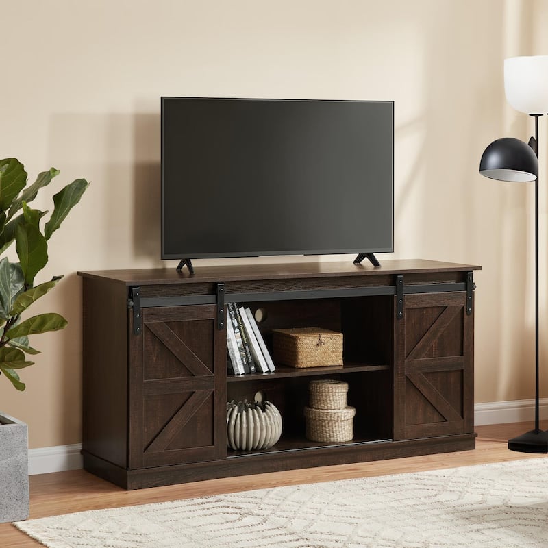 Homy Casa 58'' Farmhouse TV Stand. Sliding Barn Doors, Storage Cabinet
