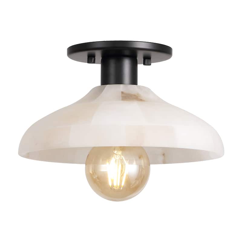 Aubrey 10" 1-Light Mid-Century Classic Alabaster/Iron LED Semi Flush Mount, White/Brass Gold, by JONATHAN Y - Black/White