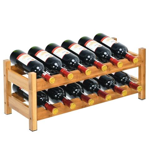 Gymax 2-Tier Bamboo Wine Rack 12 Bottles Display Storage Shelf Holder - See Details