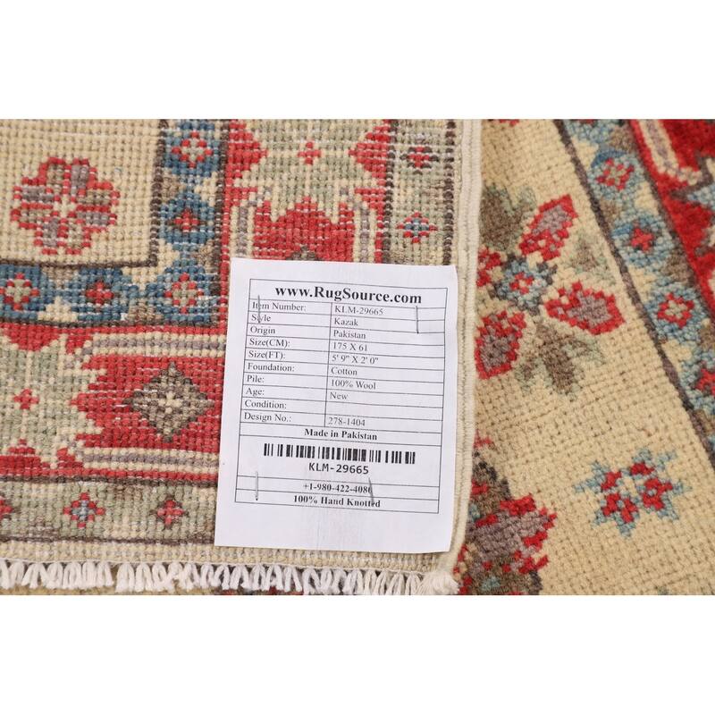 Geometric Kazak Oriental Runner Rug Handmade Beige Wool Carpet - 2'0" x 5'9"