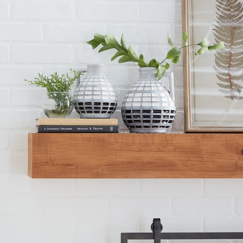 Ceramic Handmade Vase with Grid Pattern - Set of 2 Gray - Roche River Decor - 7"W x 7"L x 8"H