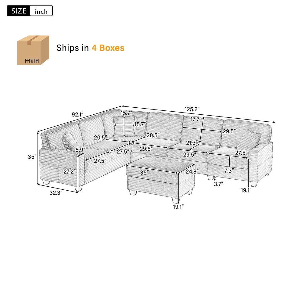 U Shaped Sectional Sofa with 1 Movable Ottoman, Corduroy Upholstered 6 Seater Sofa, Corner Sofa with Storage Pockets