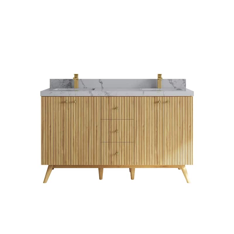 Willow Collections 60 in. W x 22 in. D Pasadena Solid Teak Double Sink Bathroom Vanity with Countertop - 2"Venatino Quartz - Light Natural
