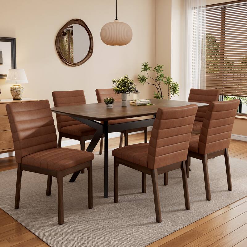 Rectangular Dining Table Set with Rubberwood Table Upholstered Chairs, Optional 5-Piece or 7-Piece - Brown - 7-Piece