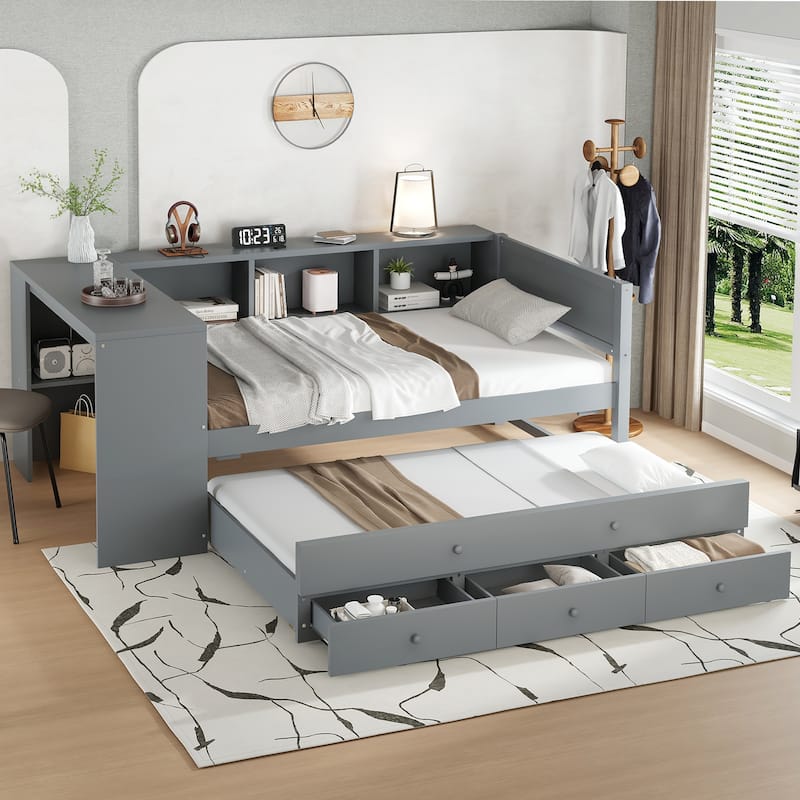 Roomfitters Twin/Full Size Wood Daybed with Trundle, Storage Drawers, Side Shelves & Built-in Desk, No Box Spring Needed - Grey - Twin