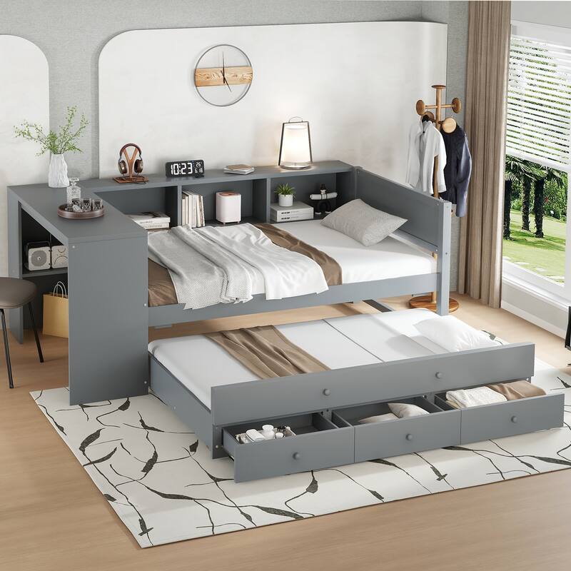 Twin Size Daybed with Trundle, Built-in Shelves, Drawers and Side Desk - Grey - Twin