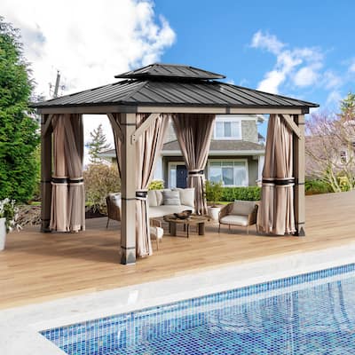 10X12FT Outdoor Wood Frame Patio Gazebo, Metal Pavilion with Curtain and Netting
