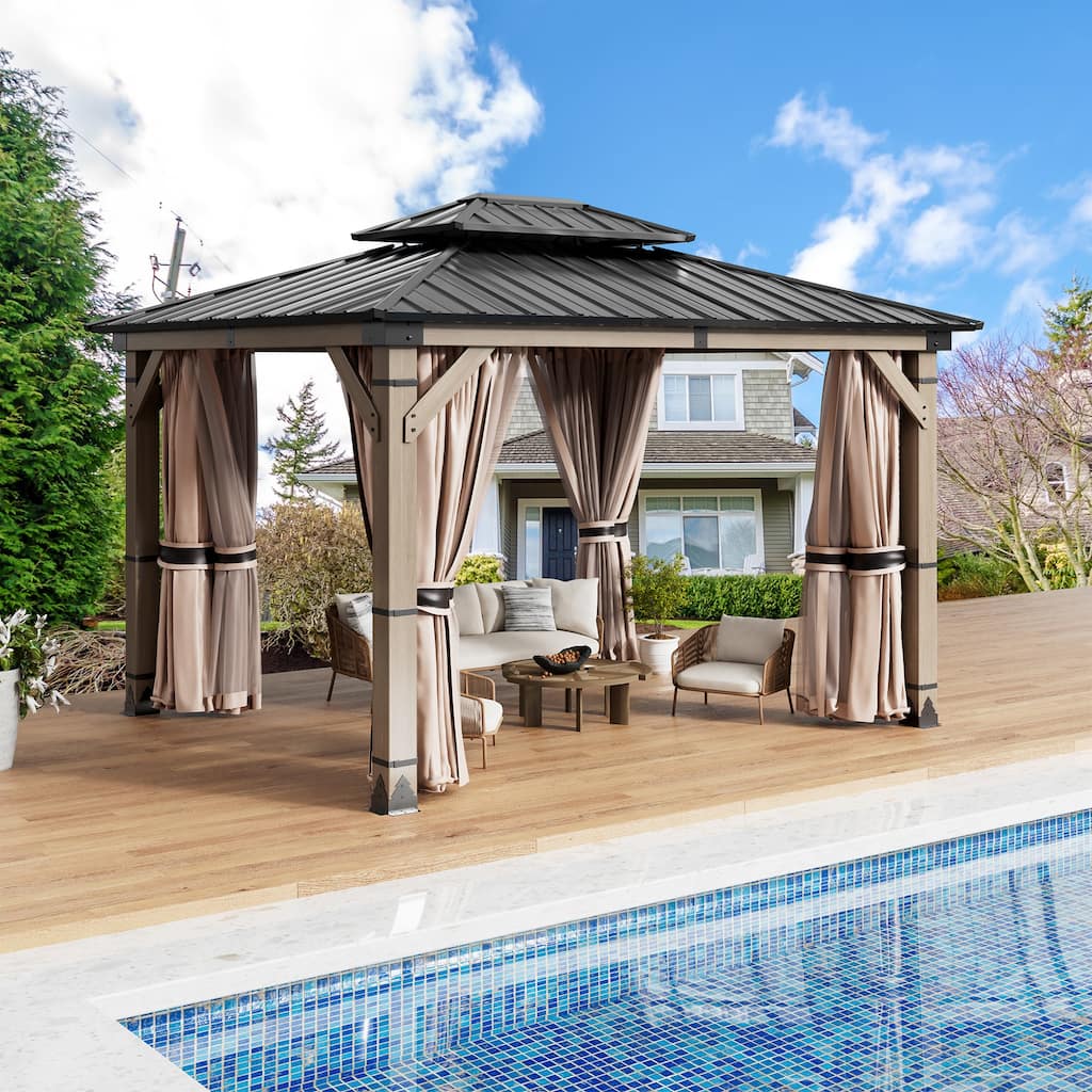 10X12FT Outdoor Wood Frame Patio Gazebo, Metal Pavilion with Curtain and Netting