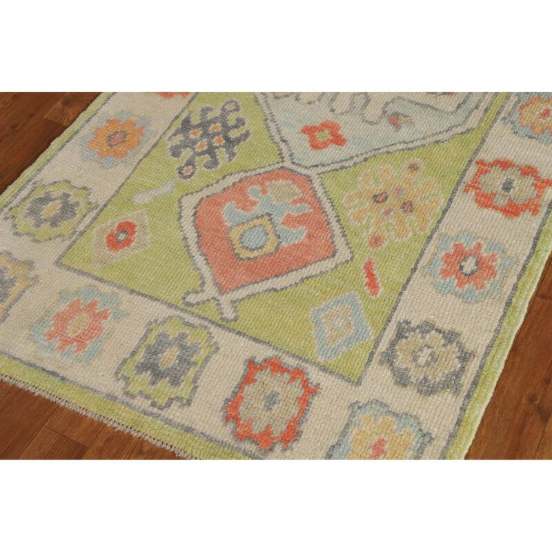 Hand Knotted Oriental 100% Wool Carpet Transitional Geometric Green Oushak Runner Rug - 8' 3'' X 3' 1''
