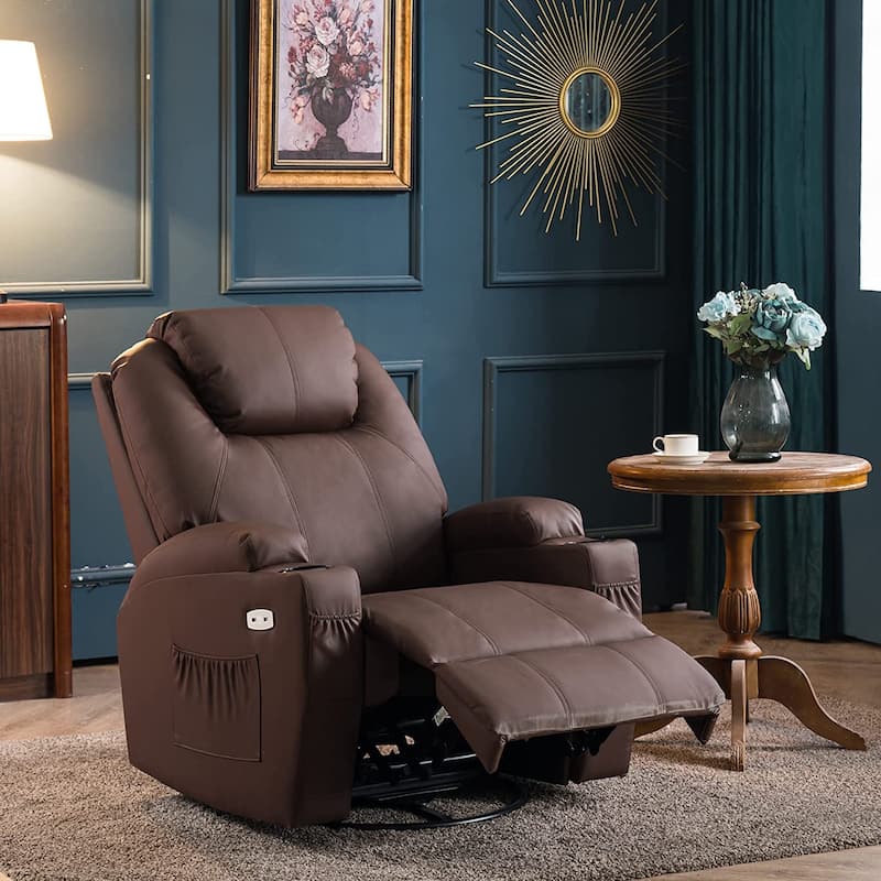 MCombo Manual Swivel Glider Rocker Recliner Chair with Massage and Heat, Faux Leather 8031