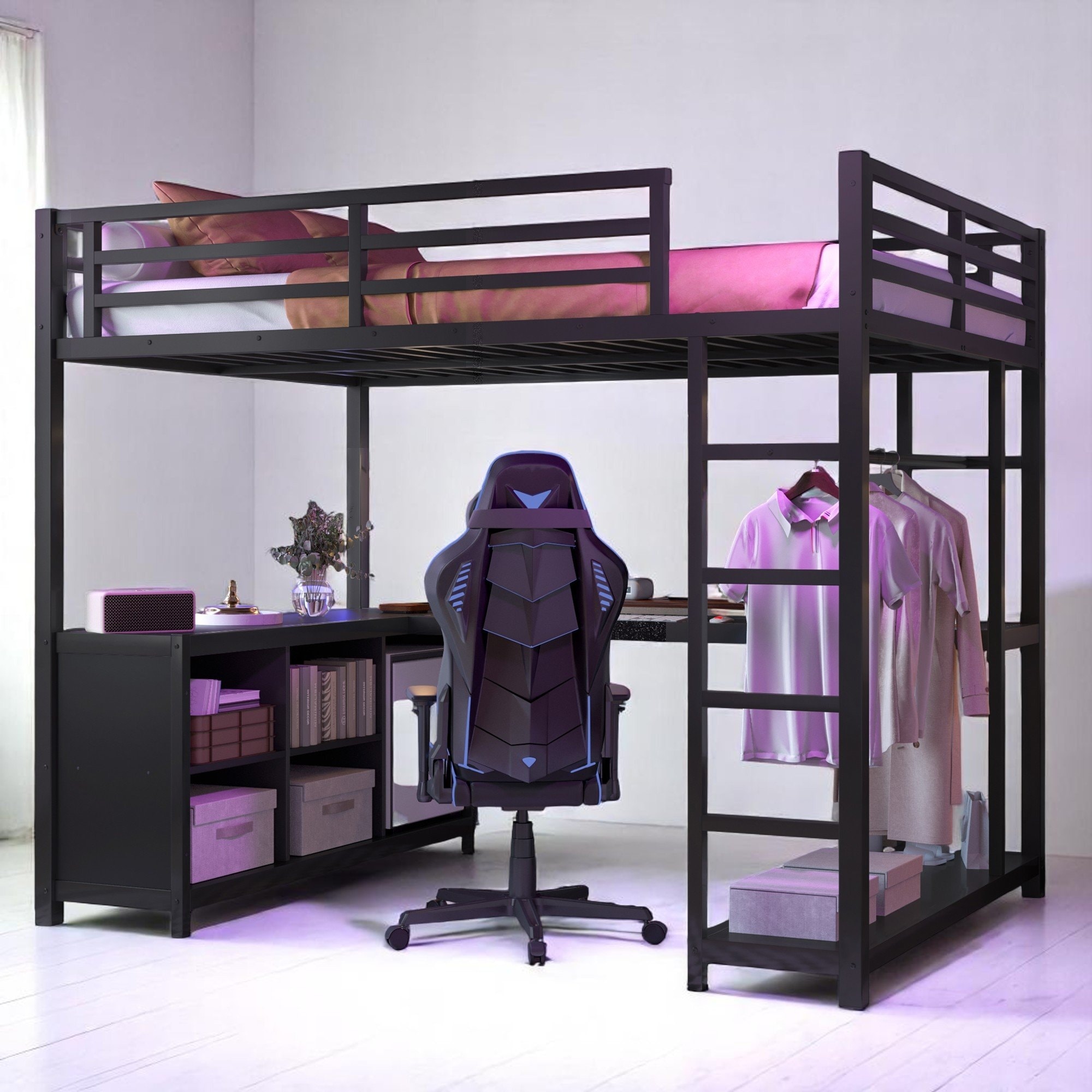Queen Size Metal Loft Bed with L-Shaped Desk, Wardrobe & Storage Shelves - Space-Saving Workstation Bunk for Teens and Adults