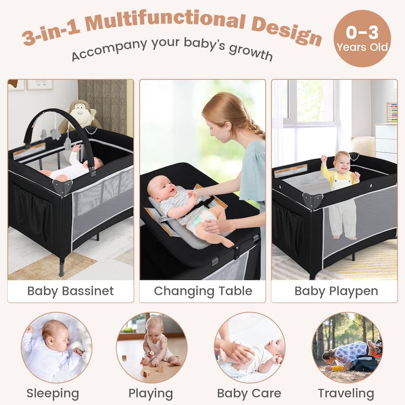 3-in-1 Kids Pack and Play with Changing Table Bassinet, Playpen and Toy Bar - 40.5" x 28" x 28"