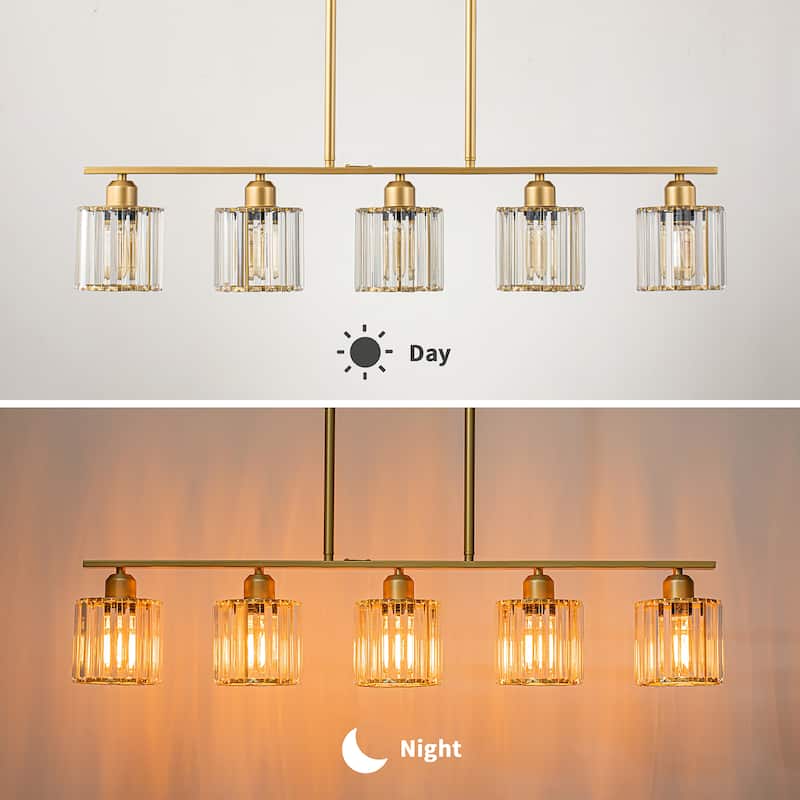 Starsky 5-Light Modern Glass Crystal Chandelier Cluster Linear Kitchen Island Light with Cylindrical Shade