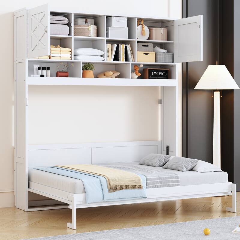 Queen Size Storage Murphy Bed with Bookshelf, Folding Murphy Wall Bed Space-Saving Wood Bedframe for Guest Room, Bedroom - White