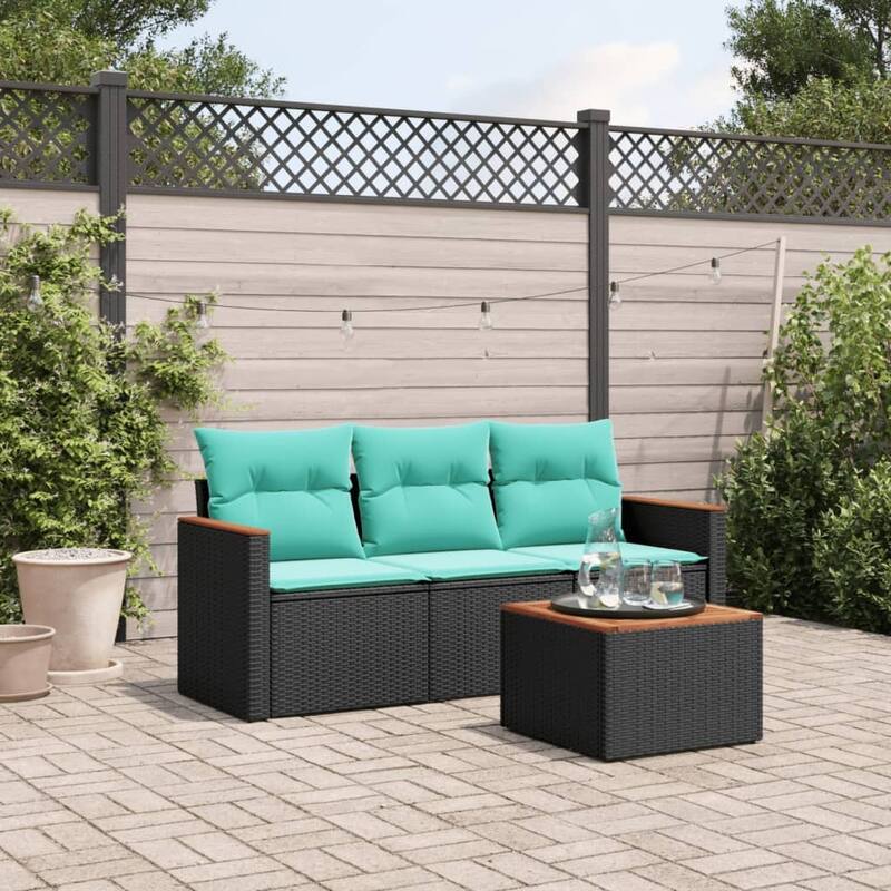 vidaXL Patio Sofa Set with Cushions Outdoor Conversation Furniture Poly Rattan - 21.7x 24.4x 27.2 - Black