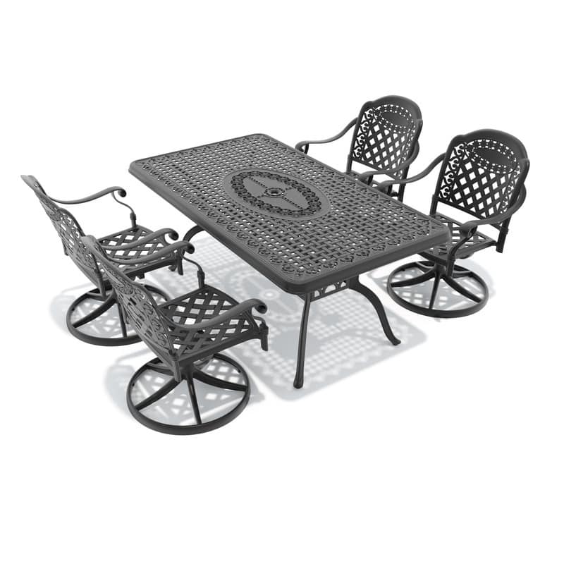 5-Piece Aluminum Rectangular Outdoor Patio Dining Set, 4 Cushioned Swivel Chairs, Table, All-Weather Frames