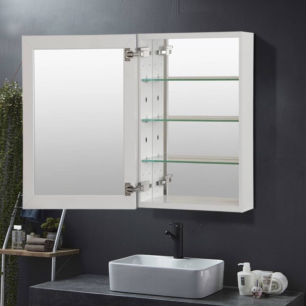 Soft Close Mirrored Medicine Cabinet 3 Glass Shelves,-image
